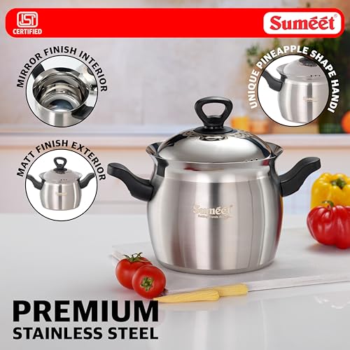 Image of Sumeet ISI Certified Stainless Steel Cook & Serve Pineapple Shape Handi /Cooking Pot with Steel Lid |Induction and Gas Compatible | Capacity - 3000ml -Dia - 18cm, Silver