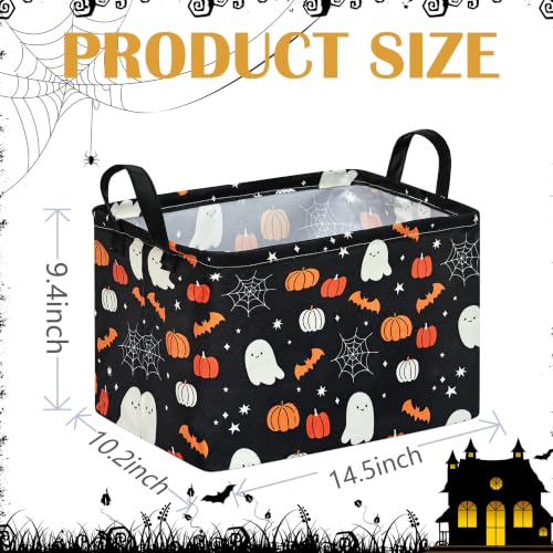 Image of Halloween Storage Basket Home Shelf Basket Rectangle Organizer Box Toys Clothes Laundry Hamper Nursery Bin Gift Laundry Basket with Handles(Black Cute Ghost Pumpkin)
