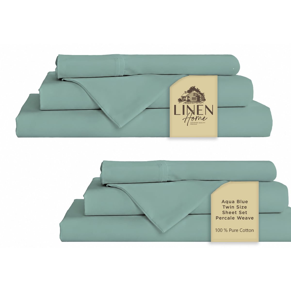 Linen Home 100% Cotton Percale Sheets Twin Size Pack of 2, Aqua Blue, Deep Pocket, 6 Pieces Set- 2 Flat, 2 Fitted and 2 Pillowcases, Crisp Cool and Long Staple Strong Bed Linen