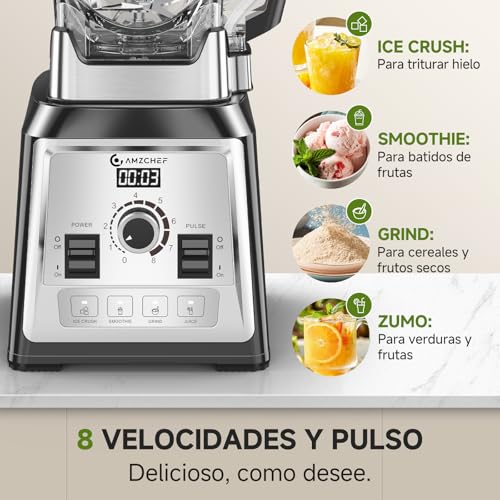 AMZCHEF Profesional Batidora, 2000 W batidora eléctrica con 4 funciones de un botón y 8 velocidades ajustables y función pulsaciones, batidora con 8 cuchillas de acero inoxidable – 25 000 rpm - imagen 4