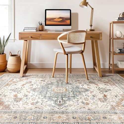 7x9 Area Rug Living Room: Washable Boho Large Neutral Vintage Soft Rug Stain Resistant Distressed Farmhouse Non-Slip Indoor Floor Carpet for Bedroom Nursery Kids Office Dining Room- Beige Blue