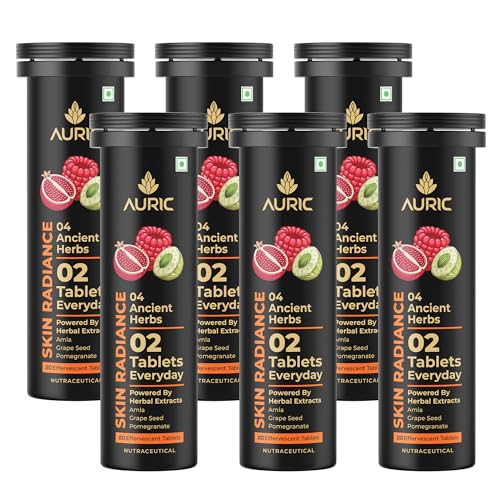 Image of Auric Skin Radiance Glutathione Effervescent 120 Tablets for Skin | With Biotin, Amla, Pomegranate & Grape Seed Extract | Mixed Berries Flavour | Shine 365
