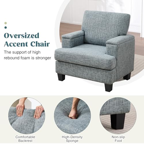 Image of Modern Accent Chairs Set of 2 with Armrest Storage, Upholstered Reading Chairs, Comfy Large Armchairs (Bluish Grey)