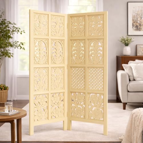 Image of Wooden Room Divider | MDF Privacy Screen Partition | Freestanding Folding Floor Panel | Decorative Carved Handicraft Separator for Living Room, Bedroom & Office (Cream, 5 feet 2 Panels)