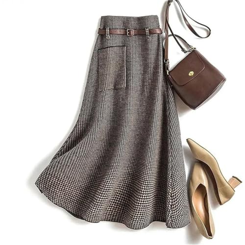 Women's Korean-Style High-Waist Vintage Plaid Belted Slim-Fit Knit Wool Midi Skirt2