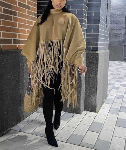 xxxiticat Women's Fringe Suede Poncho Long Sleeve High Neck Asymmetric Tassel Shawl Cape Cloak Oversized Pullover Jacket2
