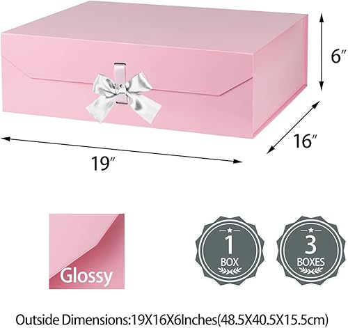 Miniatura 3 de Caja de regalo rosa extragrande con cinta de 19 x 16 x 6 pulgadas, caja de regalo con tapa cierre magnético, caja de propuesta de padrino, cajas de
