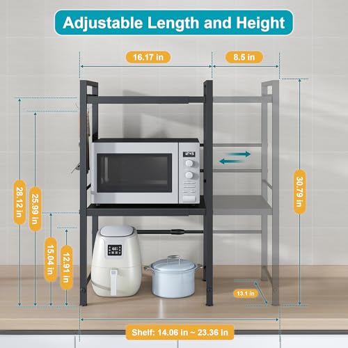 Image of DOLALIKE Expandable Microwave Rack, Countertop Kitchen Utensils Tableware Storage, Carbon Steel 3 Tier Shelf with 3 Hooks