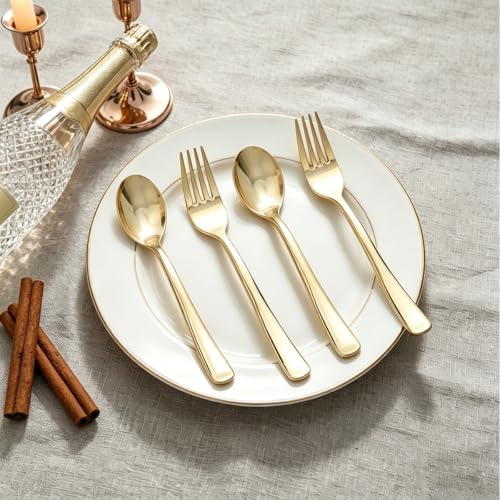Image of MOACOCK 200 Count Light Gold Plastic Silverware, Heavy Duty Plastic Utensils Set 100 Spoons and Forks, Gold Spoons and Forks Set for Catering Party Wedding Dinners