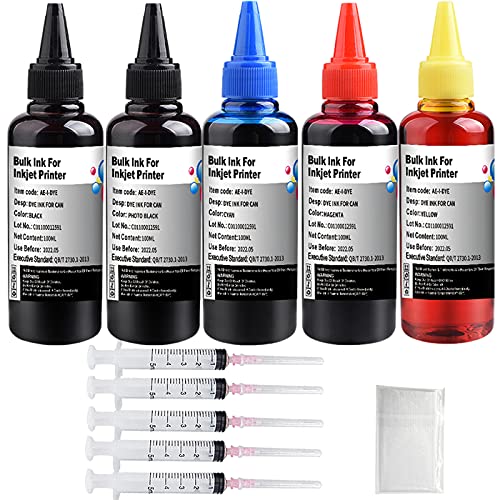 KSI Ink Refill kit 5x100ml for Canon 250 251 270 271 280 281 225 226 1200 2200 PG245 CL246 PG210 Refillable Ink Cartridge with 5 Syringes (PBK, BK, C, M, Y)