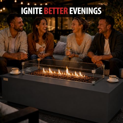 Image of AMS Creations | Madison 60 inch Bundle Rectangular Propane Gas Outdoor Fire Pit Table | Dark Gray Concrete GFRC | Smooth Texture or Surface | Electronic Ignition | Outside Backyard Fireplace