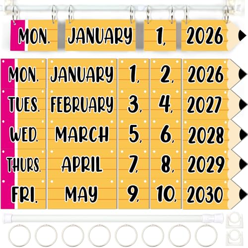 Image of Pencil Flip Calendar Bulletin Board Set Pencil Calendar for Classroom Whiteboard Decor with 2026 to 2030 Years Date Cards and Adjustable Rod for Home Elementary Back to School Teacher Supplies