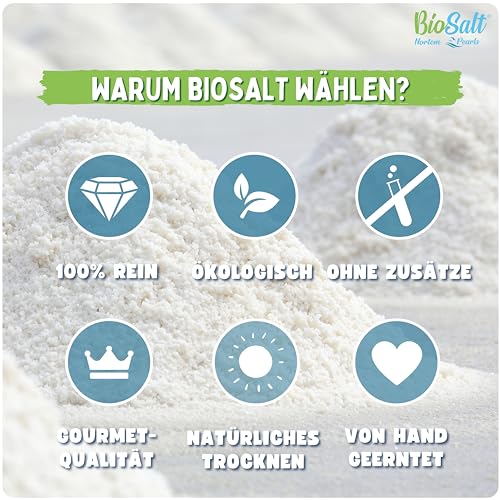 BioSalt Nortem Pearls Bio-Natives Meersalz 2x650 g Feinkörnig. 100% Natürliches Gourmetsalz. Reich an Mineralien. Gesundes Kochen. Unraffiniert, ohne Konservierungsstoffe.