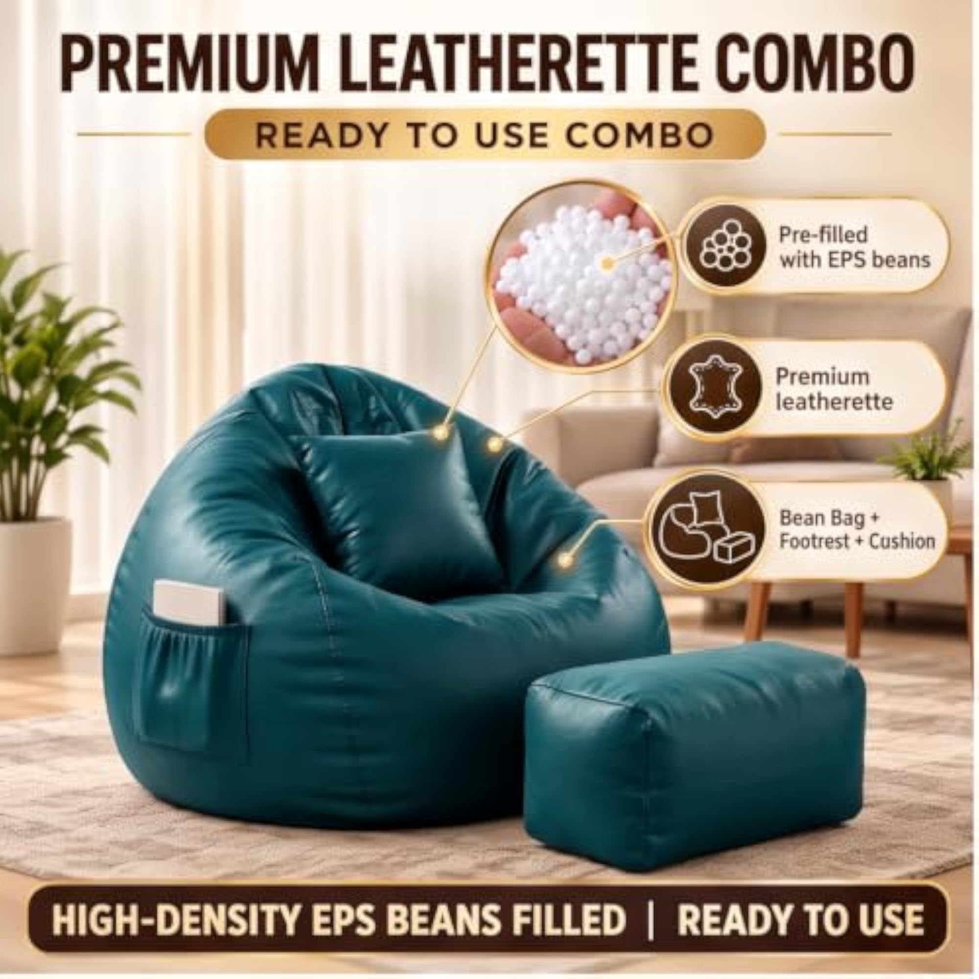 5XL Bean Bag Combo with Unique Footrest & Cushion, Filled