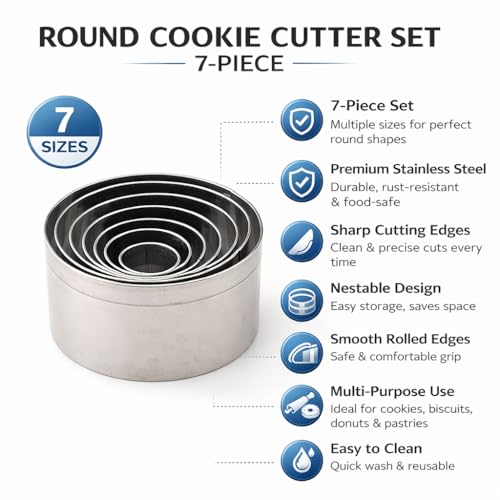 Image of KMW Stainless Steel Round Cookie Cutter Set | 7-Piece Nesting Circle Cutters | Perfect for Baking, Pastry, and Crafting | Durable, Easy to Clean, and Precision-Engineered