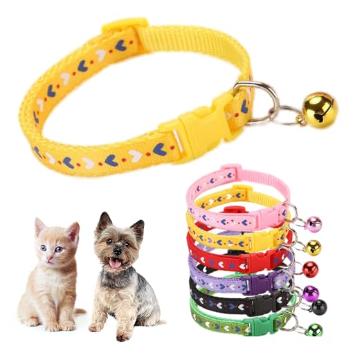 Yellow Small Cat Collar with Bell,Love Pattern Dog Collar Girl Cute Fancy Puppy Collar with Bells for XXS XS Tiny Little Kitten Pet Female Dogs,Neck 7-12 Inch