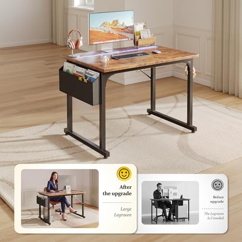 Image of DurayLoly 32 inch Computer Desk with Waterproof LED Lights,Bedroom Study Desk for Teens,Dorm Room Essentials,Headphone Hook&Storage Bag for Small Spaces,Sturdy Metal Frame,Rustic Brown