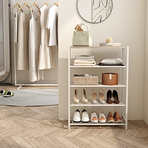 Image of HOMEFORT 5-Tier Shoe Rack, Storage Shelf, Industrial Tower, Narrow Organizer for Closet Entryway, Small Table With Durable Metal Shelves, White Oak