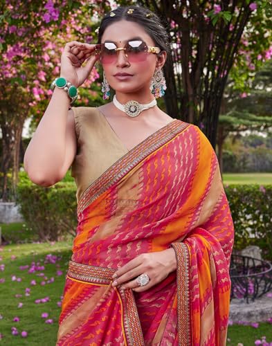 Image of SIRIL Women's Printed Chiffon Saree with Unstitched Blouse Piece