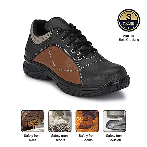 AEGON Thunder Men's Industrial Water Resistant Anti Skid Leather Safety Shoes with Steel Toe - Black & Brown, Size 6