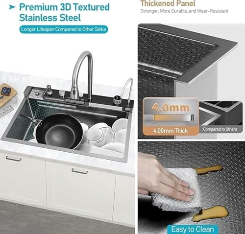 Image of EVANEX Kitchen Sink 30 inchx18 inchx9 inch Inch Piano Kitchen Sink Multifuctional LED Pannel & Digital Display 304 Grade Stainless Steel Black Finish with Integrated & Pull Down Faucet