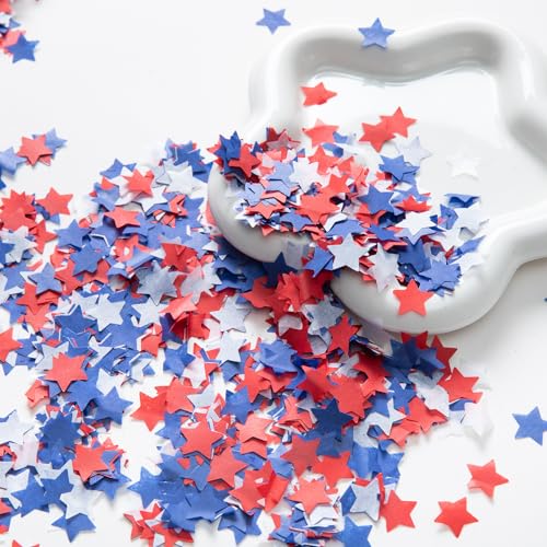 Image of 8000pcs Patriotic Star Confetti Decoration, 4th of July Blue Red White Paper Star Shaped Table Tissue Confetti for Independence Day Birthday Party Decoration