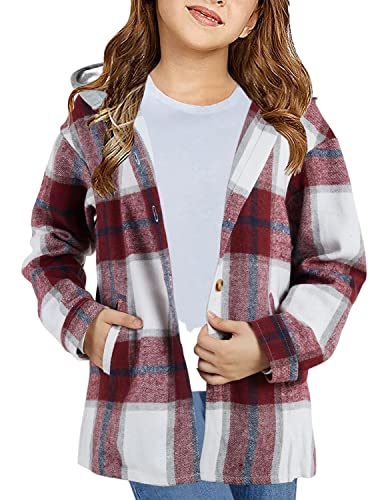 Image of Girls Cute Flannel Plaid Button Down Top with Pockets Long Sleeve Hooded Jacket