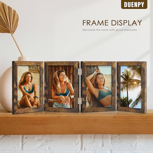 Image of DUENPY 4 Folding 5x7 Accordion Wood Frame Plexiglass Brown | Constructed With Engineered Wood And Plexiglass, Elegant Ornament For Desktop Photo Display
