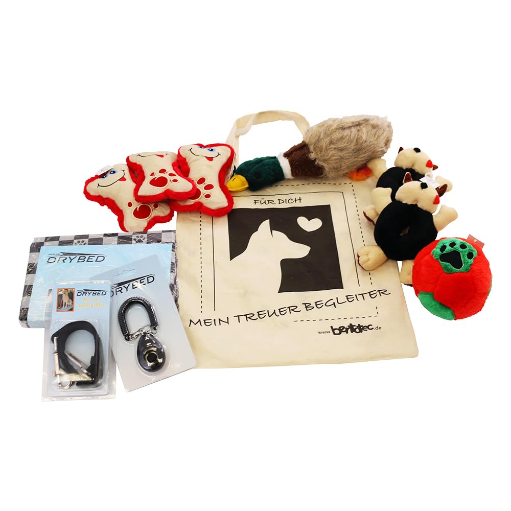 Bentatec 11-teiliges Hundespielzeug Geschenkset mit Tasche – Inklusive Quietschspielzeug, Clicker, Drybed Hundedecke, Anschnallgurt und Tragetasche Hunde und Halter
