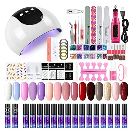 COSCELIA 5ML Kit Uñas de Gel 15PCS 24W Lampara U-V/LED Uñas con 3 Temporizadores (60s, 90s, 120s) Esmalte Semipermanente Torno Eléctrico para Uñas Base Top Gel de Manicura Kit