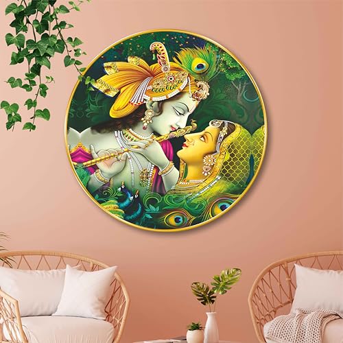 Image of SAF Radha Krishna Round Wall Painting with Golden Frame | Romantic Hindu Spiritual Wall Art | Divine Love Religious Home Decor for Living Room Bedroom Pooja Room Office (23 X 23 Inch) GR-255