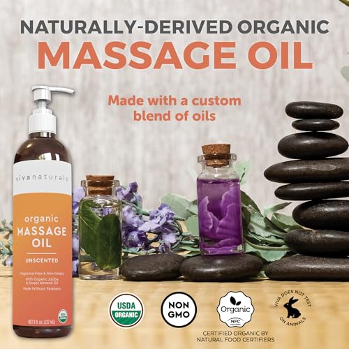 Image of Viva Naturals Organic Massage Oil Unscented (8 fl. oz.) - Non-Greasy Body Oil with Mess-Free Pump, Moisturizing Massage Oils for Massage Therapy, Non-GMO and Certified Organic, 237 mL