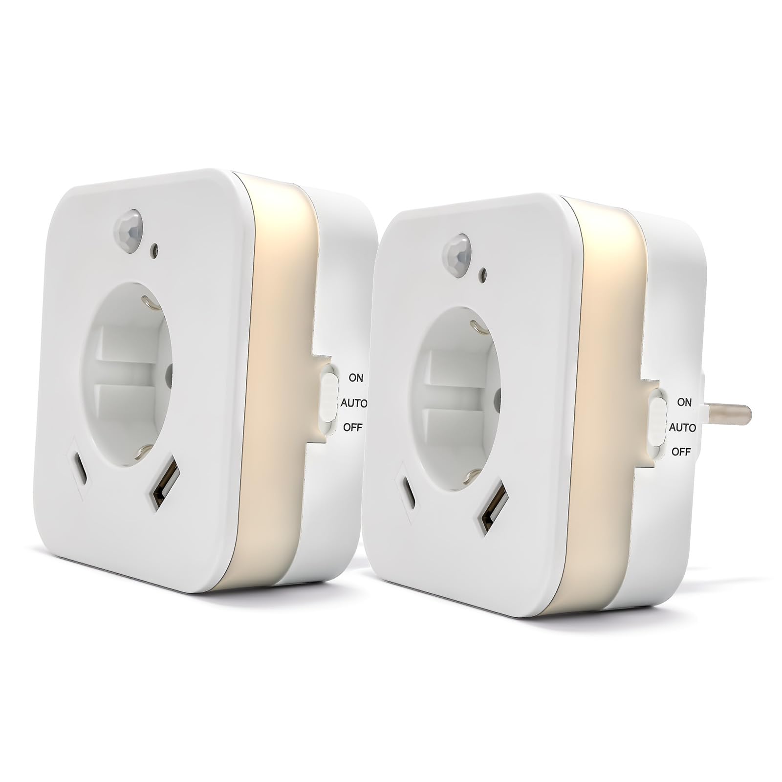 Luce notturna a LED con sensore di movimento e presa, 2 x USB (1 x USB C + 1 x USB A) 2.4A, bianco, interruttore di modalità on/off/auto, sensore di luce automatico, GS (sicurezza testata) (2
