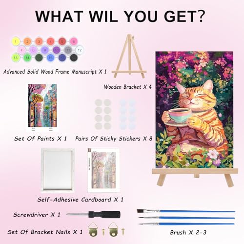 Bowetile Cat Paint by Numbers for Adults with Framed Canvas&Wooden Easel, Painting by Numbers Kit for Adults Beginners Canvas Kit, DIY Acrylic Pigment Drawing Paintwork for Home Decor, 20x30cm — photo 3