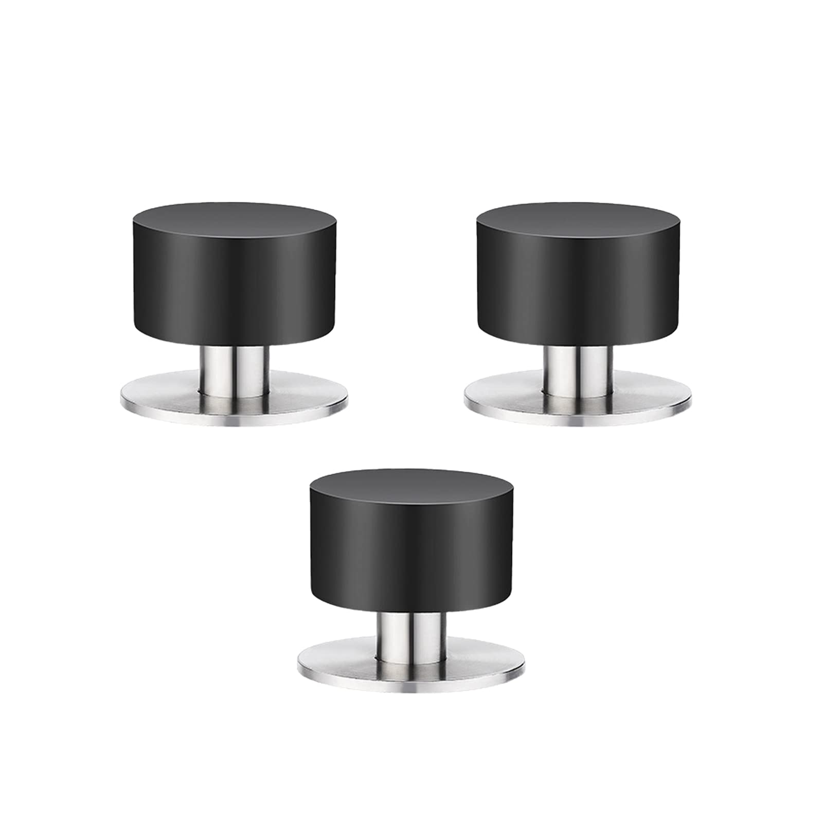 3PCS 40mm Door Stops, Self-Adhesive Door Stopper with Black Rubber & Stainless Steel Body, No Drill Doorstops and Sound Dampening Rubber Bumper
