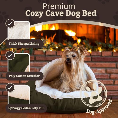 Image of Snoozer Cozy Cave Dog Bed, Round Covered Dog Bed, Olive (S)