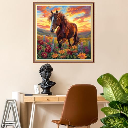 Image of Fanxvivy Stamped Counted Cross Stitch Kits for Adults Printed Cross-Stitch Patterns 11CT Stamped or Counted Cross Stitching Embroidery Kit Needlepoint Kits-Flowers and Horses 18x18 inch