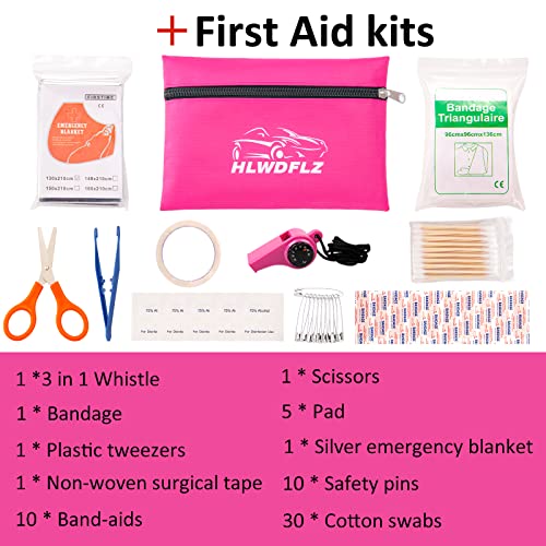 HLWDFLZ Car Roadside Emergency Kit - Pink Roadside Assistance Emergency Kit with Jumper Cables, Auto Tool Set, Deer Whistles, Winter Car Safety Roadside Assist Kit for Teen Girl and Ladies