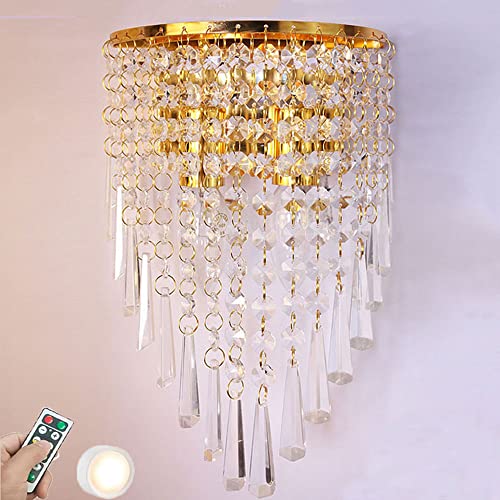 LVSEWOA Apliques de Pared inalámbricos con Control Remoto y Pilas para Dormitorio, iluminación de Pared de Cristal de Lujo, cromados en Oro, para Sala de Estar y Pasillo (Dorado).