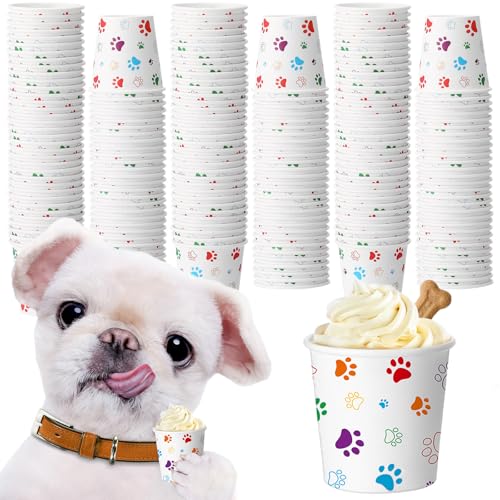 Yungyan 100 Pcs 3 oz Tiny Pup Cups for Dogs Mini Whip Cream Disposable Paper Cups Mini Puppy Dog Paw Pattern Snack Container for Puppy Food Treat Feeding Pet Theme Party Supplies (Colorful)
