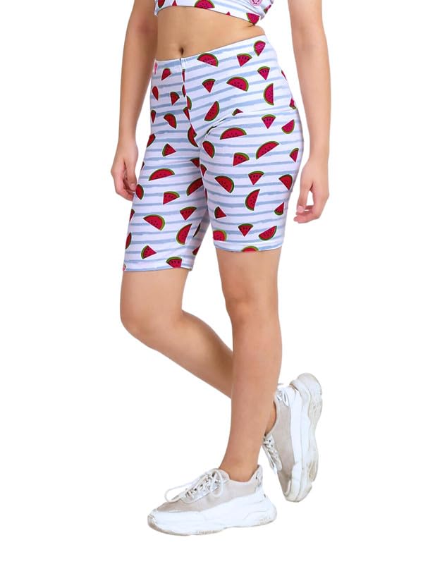 Image of DChica Cotton Cycling Shorts for Girls | Stretchable Gym Shorts /Running Shorts | High Rise Shorts for Girls | Blue Printed Tights with Elasticated Waistband | Pack of 1
