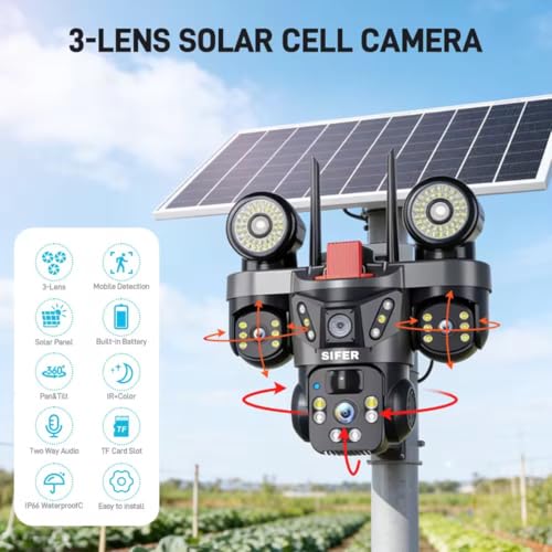 Image of SIFER 12 MP Full HD Triple Lens Solar CCTV Camera | Two-Way Audio | 4g sim Solar Camera Outdoor Waterproof 360 | Human Detection | Color Night Vision