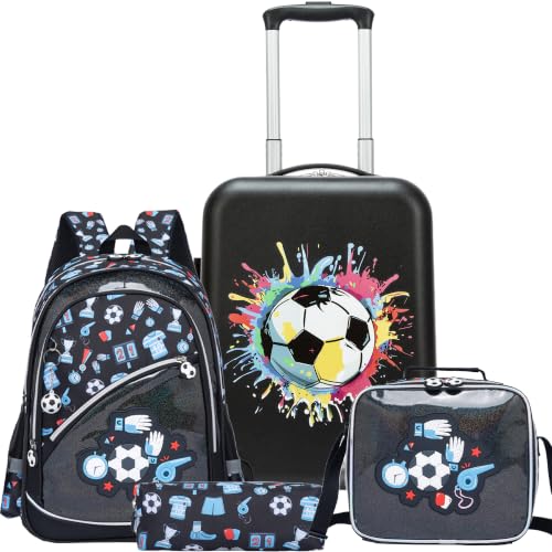 Image of Kids Carry on Luggage Set 5 Piece Kids Luggage with Wheels 16 inch Toddler Suitcase for Boys Airline Approved (Football)
