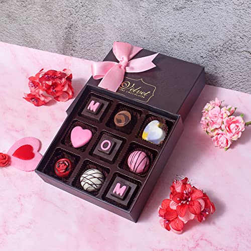 Image of Velvet Fine Chocolates Mother's Day Gift Hamper for MOM | Chocolate Gift Pack for Mother | 9 Assorted Chocolates with MOM written on the Chocolates