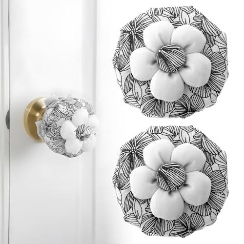 LIQWEI 2 PCS Cotton Door Knob Covers, Floral Door Knob Protector Soft Reusable Washable Decorative Doors Knobs Cushion Round Doors Handle Protection Wall Protectors(Black)