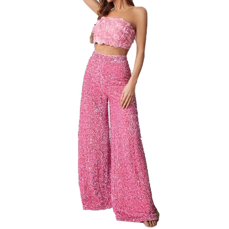 Women Sparkly Sequin Flared Bell Bottoms Pants Glitter Wide Leg Flowy Palazzo Pant for Dance Festival Clubwear