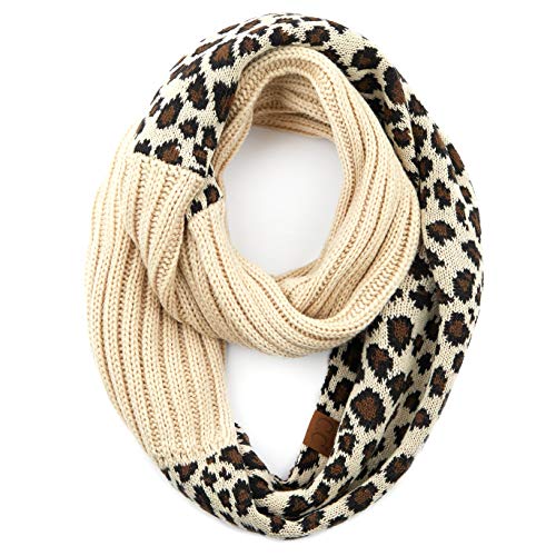 C.C Exclusives Solid Color Ribbed Infinity Scarf with Leopard Pattern Cuff (SF-80) (Beige) - Main Image