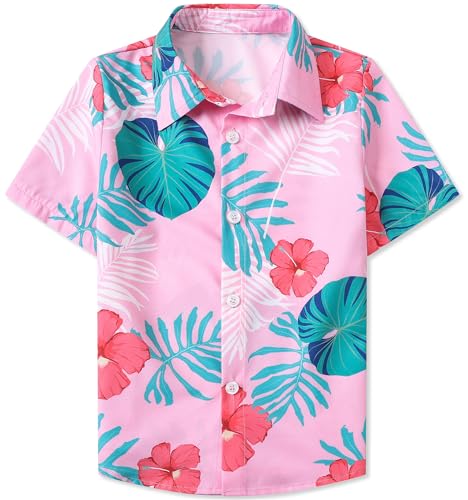 SANGTREE Girls Hawaiian Shirt Casual Short Sleeve Button Down Shirt Pink, 13-14 Years= Tag 1802