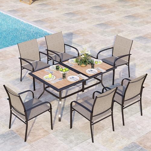 Image of MIXPATIO 7 Pieces Patio Table and Chairs Set, Outdoor Dining Furniture Set for 6, 6 Brown Textilene Chairs and 61 inch Wood-Like Table Top with Umbrella Hole, for Deck Backyard Lawn