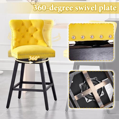 Image of Yellow Swivel Bar Stools, Velvet Counter Height Bar Stool Set of 6 | 360 Swivel Bar Chairs, Solid Wood Legs, Upholstered Kitchen Island Stools, Modern Extra Wide Seat (Yellow, 26 inch H, 6 Pack)